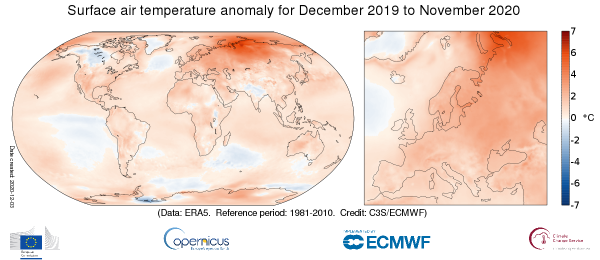 Anomalie de température à la surface du globe entre décembre 2019 et novembre 2020 - © Copernicus