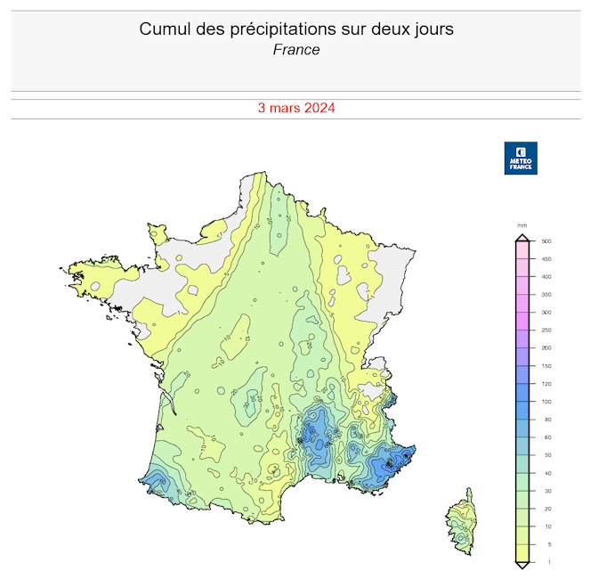 Cumuls de précipitations sur deux jours (2 et 3 mars 2024) © Météo-France