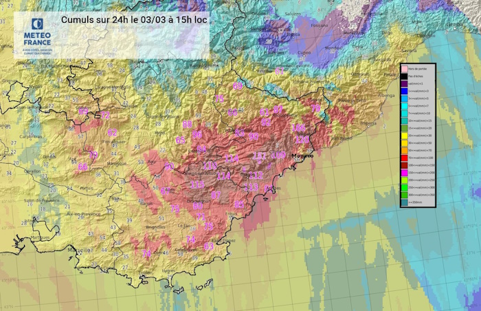 Cumuls de pluie sur le Sud-Est le 3 mars 2024 © Météo-France