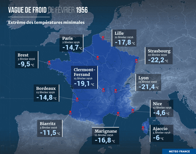 Extrêmes des vagues de froid de 1956, 2012 et 2018. © Météo-France